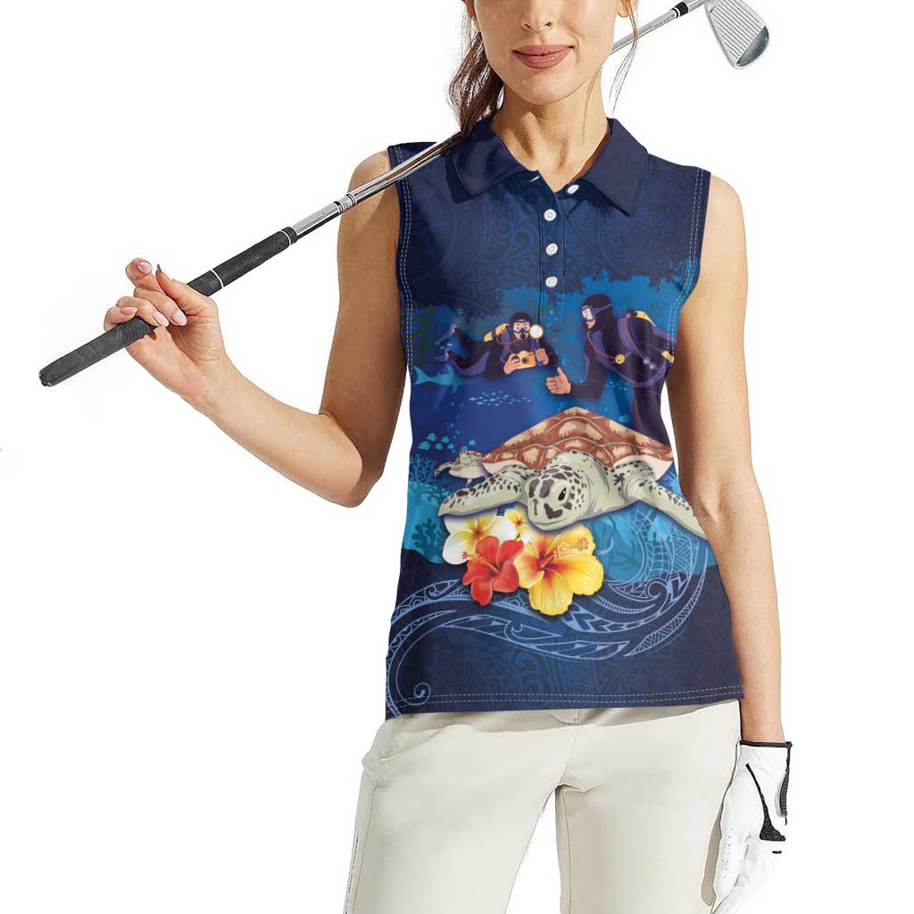 Polynesian Scuba Diving Women Sleeveless Polo Shirt Honu with Hibiscus and Plumeria Flower and Tapa Tribal Pattern LT03 - Polynesian Pride