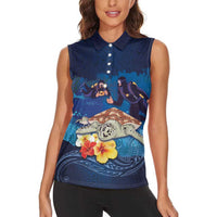 Polynesian Scuba Diving Women Sleeveless Polo Shirt Honu with Hibiscus and Plumeria Flower and Tapa Tribal Pattern LT03 - Polynesian Pride