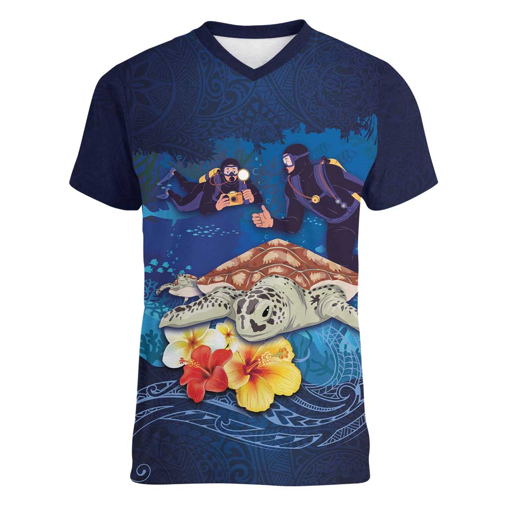 Polynesian Scuba Diving Women V-Neck T-Shirt Honu with Hibiscus and Plumeria Flower and Tapa Tribal Pattern LT03 Female Blue - Polynesian Pride