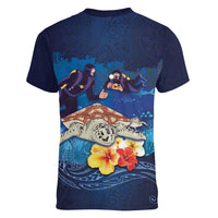 Polynesian Scuba Diving Women V-Neck T-Shirt Honu with Hibiscus and Plumeria Flower and Tapa Tribal Pattern LT03 - Polynesian Pride