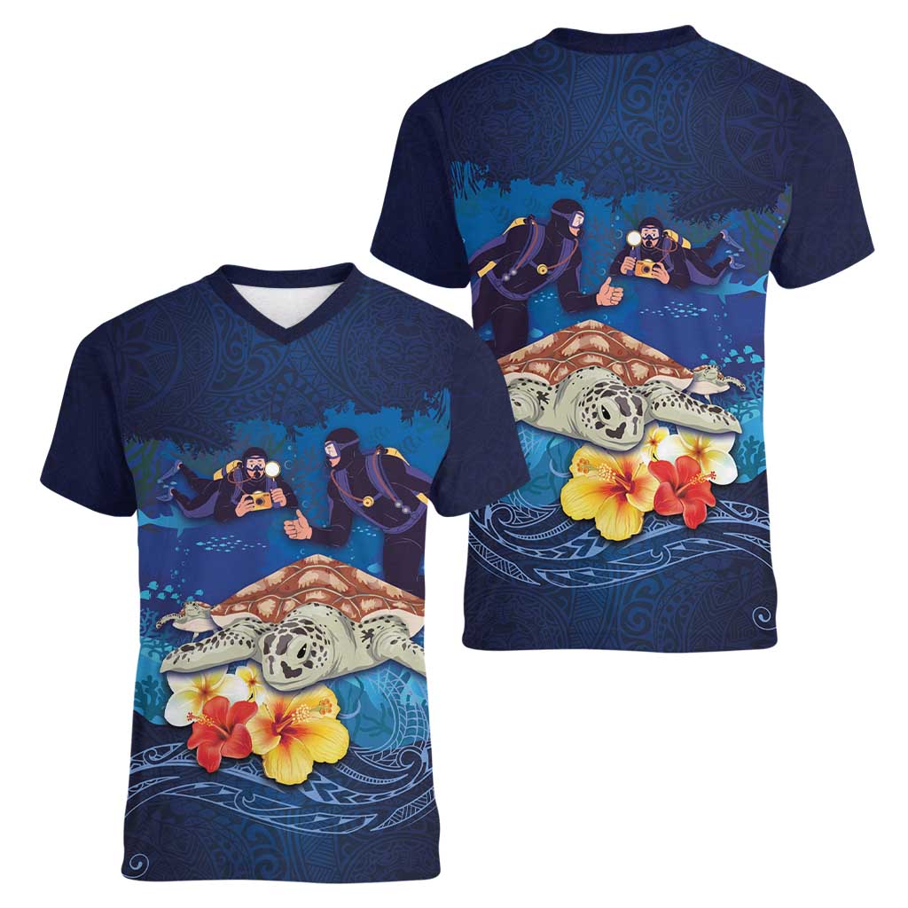 Polynesian Scuba Diving Women V-Neck T-Shirt Honu with Hibiscus and Plumeria Flower and Tapa Tribal Pattern LT03 - Polynesian Pride