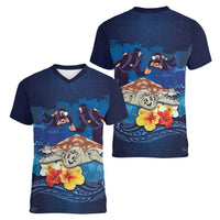 Polynesian Scuba Diving Women V-Neck T-Shirt Honu with Hibiscus and Plumeria Flower and Tapa Tribal Pattern LT03 - Polynesian Pride