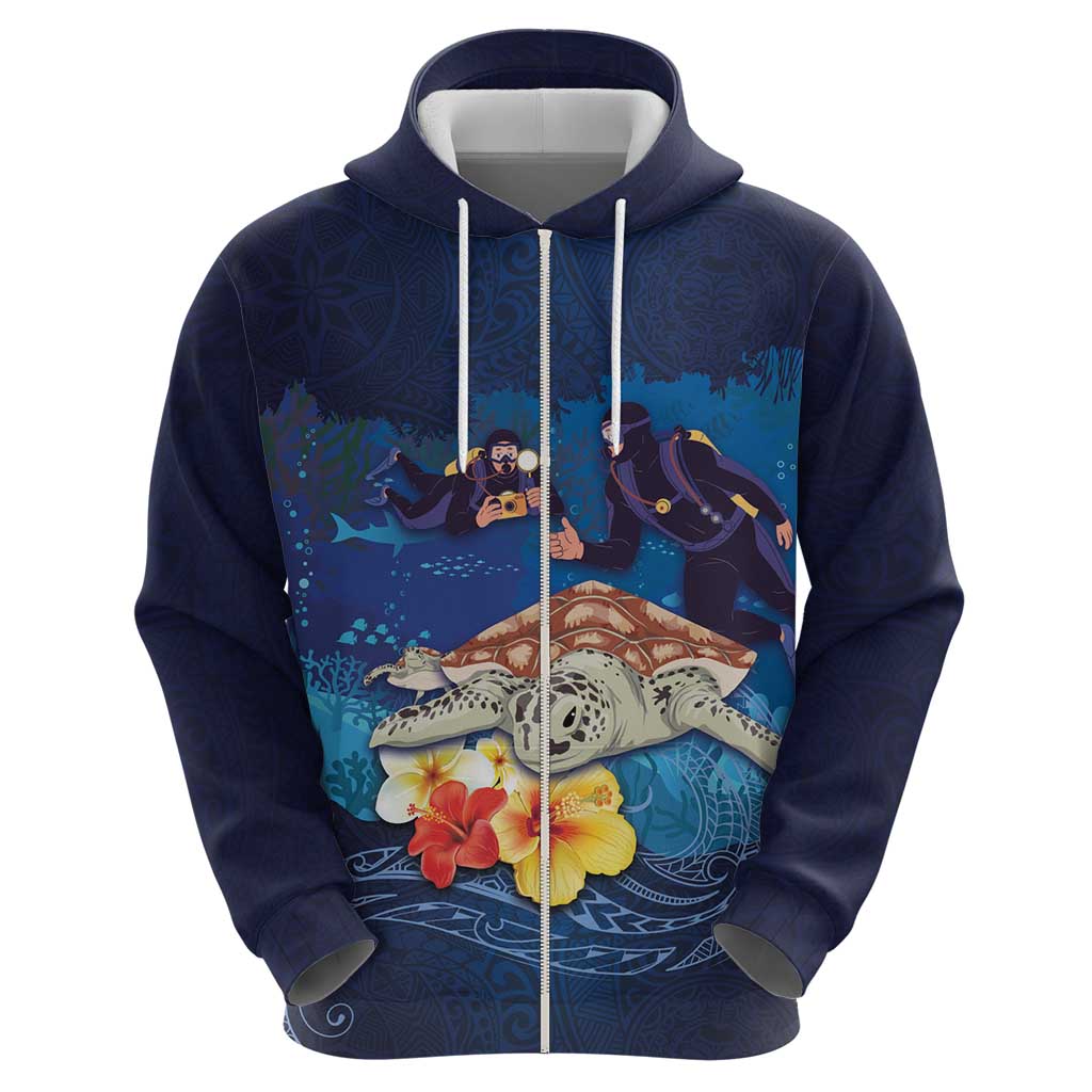 Polynesian Scuba Diving Zip Hoodie Honu with Hibiscus and Plumeria Flower and Tapa Tribal Pattern LT03 - Polynesian Pride
