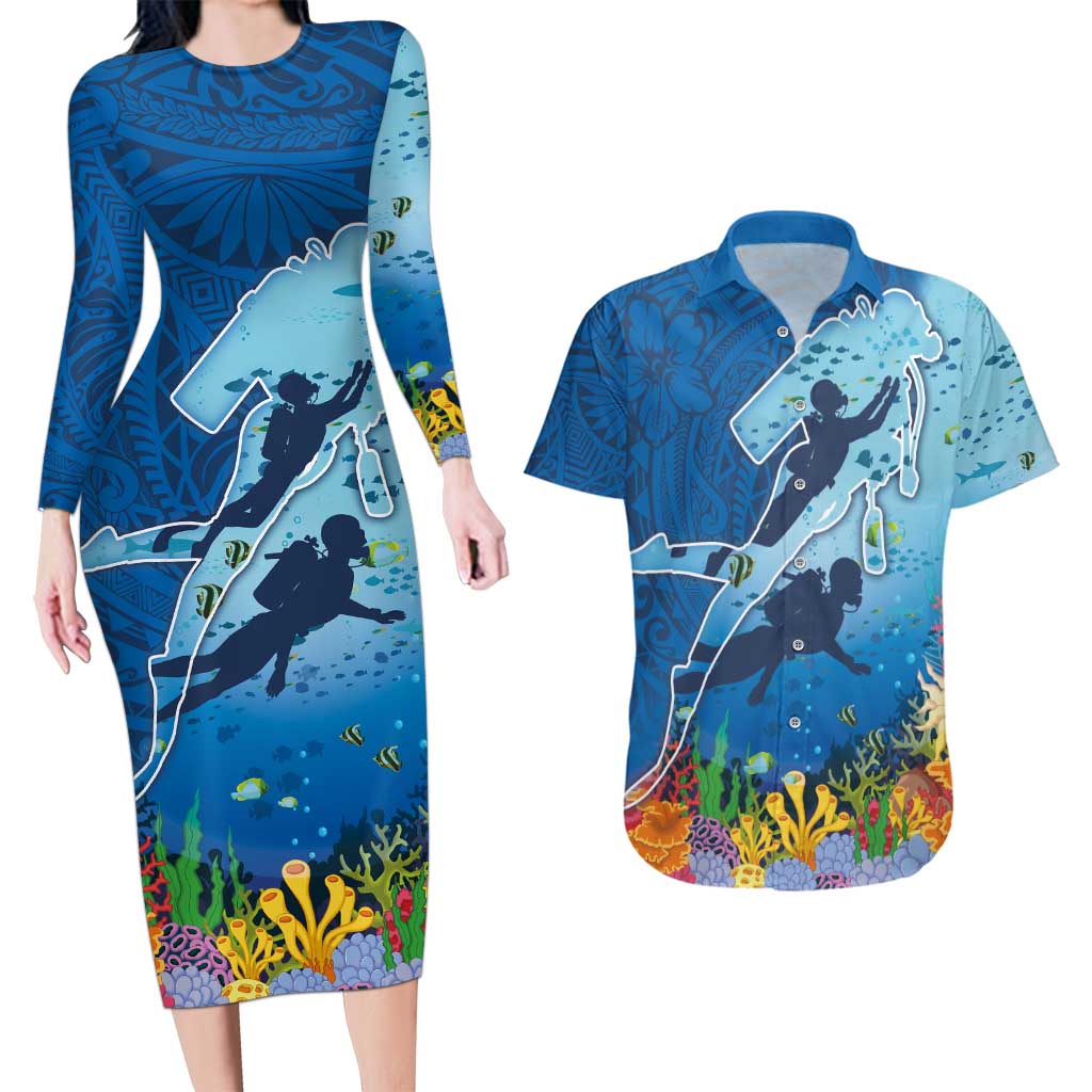 Polynesian Scuba Diving Couples Matching Long Sleeve Bodycon Dress and Hawaiian Shirt Beauty Corals with Underwater and Polynesian Pattern LT03 Blue - Polynesian Pride