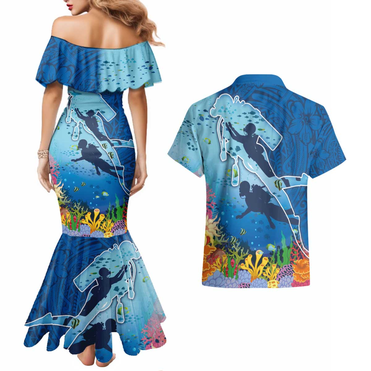 Polynesian Scuba Diving Couples Matching Mermaid Dress and Hawaiian Shirt Beauty Corals with Underwater and Polynesian Pattern LT03 - Polynesian Pride