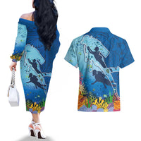 Polynesian Scuba Diving Couples Matching Off The Shoulder Long Sleeve Dress and Hawaiian Shirt Beauty Corals with Underwater and Polynesian Pattern LT03 - Polynesian Pride