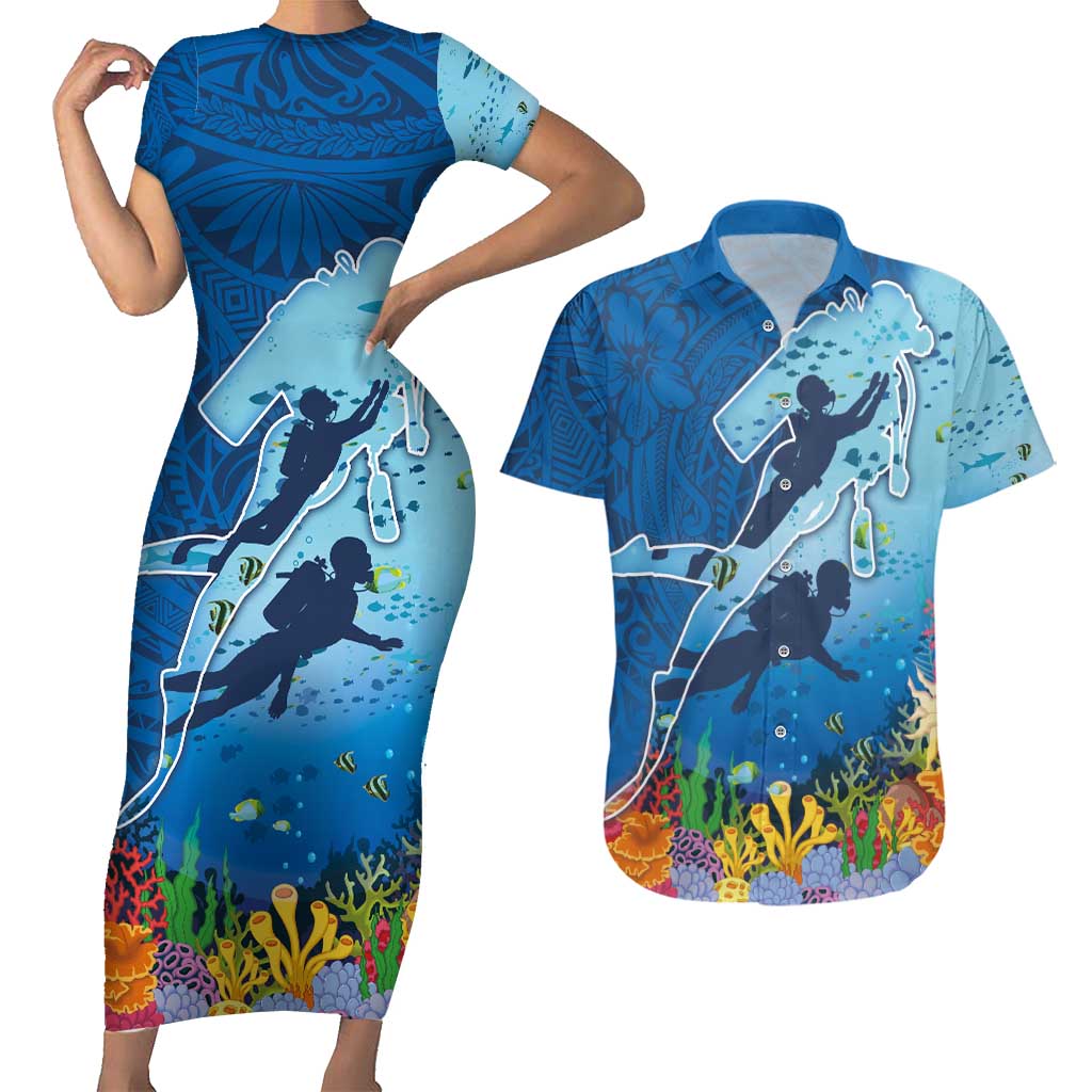 Polynesian Scuba Diving Couples Matching Short Sleeve Bodycon Dress and Hawaiian Shirt Beauty Corals with Underwater and Polynesian Pattern LT03 Blue - Polynesian Pride