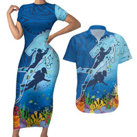 Polynesian Scuba Diving Couples Matching Short Sleeve Bodycon Dress and Hawaiian Shirt Beauty Corals with Underwater and Polynesian Pattern LT03 Blue - Polynesian Pride