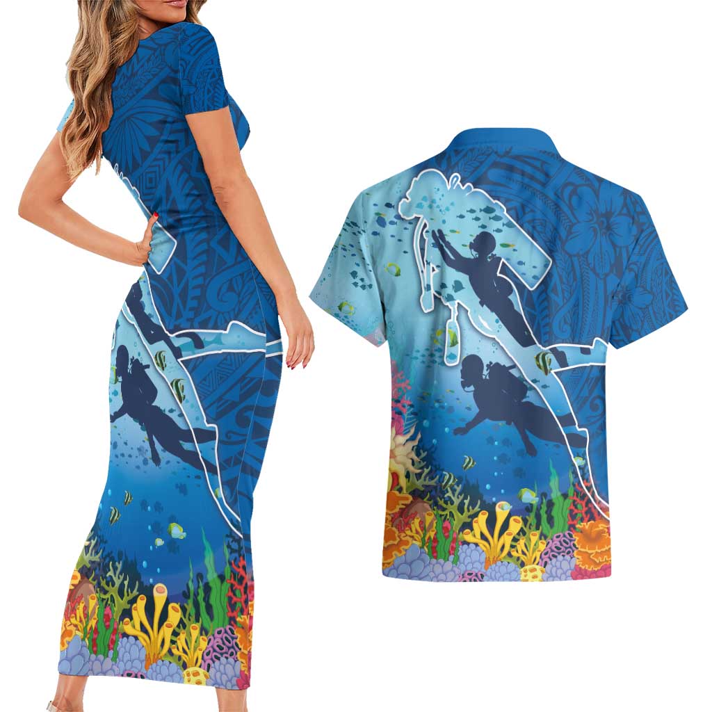 Polynesian Scuba Diving Couples Matching Short Sleeve Bodycon Dress and Hawaiian Shirt Beauty Corals with Underwater and Polynesian Pattern LT03 - Polynesian Pride
