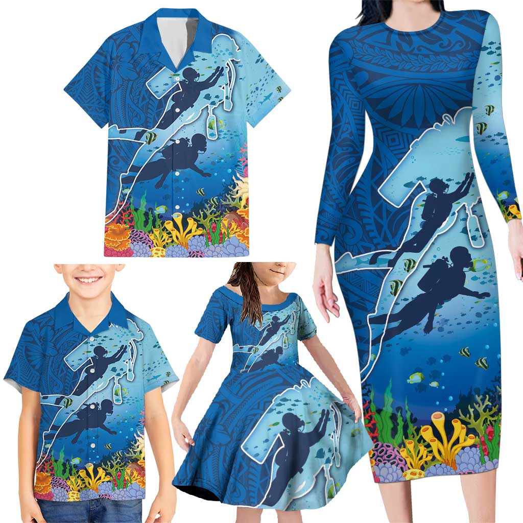 Polynesian Scuba Diving Family Matching Long Sleeve Bodycon Dress and Hawaiian Shirt Beauty Corals with Underwater and Polynesian Pattern LT03 - Polynesian Pride
