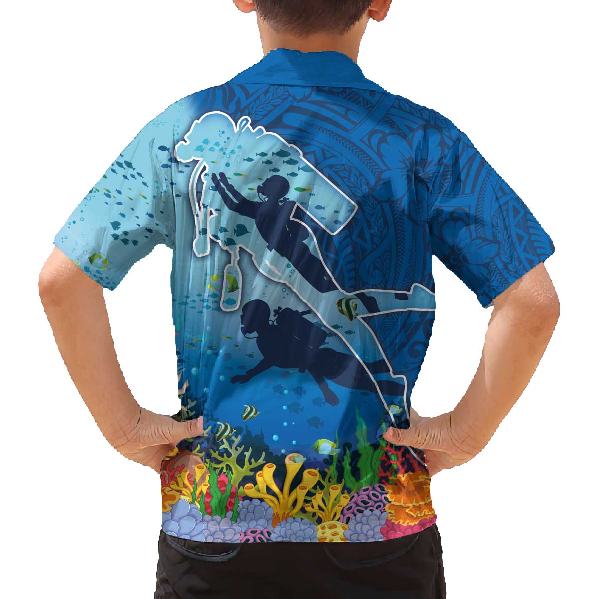 Polynesian Scuba Diving Family Matching Off The Shoulder Long Sleeve Dress and Hawaiian Shirt Beauty Corals with Underwater and Polynesian Pattern LT03 - Polynesian Pride