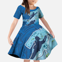 Polynesian Scuba Diving Family Matching Off The Shoulder Long Sleeve Dress and Hawaiian Shirt Beauty Corals with Underwater and Polynesian Pattern LT03 Daughter's Dress Blue - Polynesian Pride