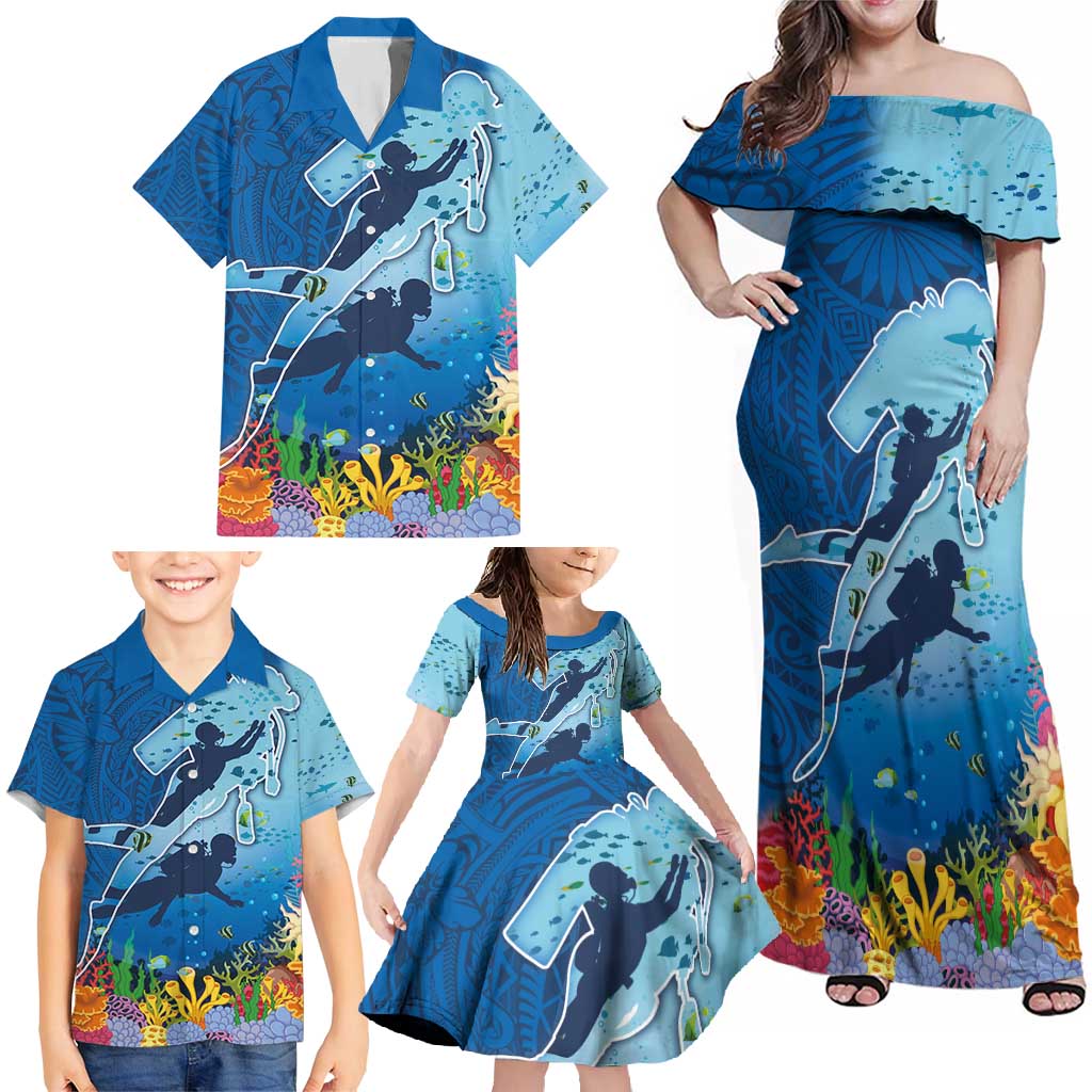 Polynesian Scuba Diving Family Matching Off Shoulder Maxi Dress and Hawaiian Shirt Beauty Corals with Underwater and Polynesian Pattern LT03 - Polynesian Pride