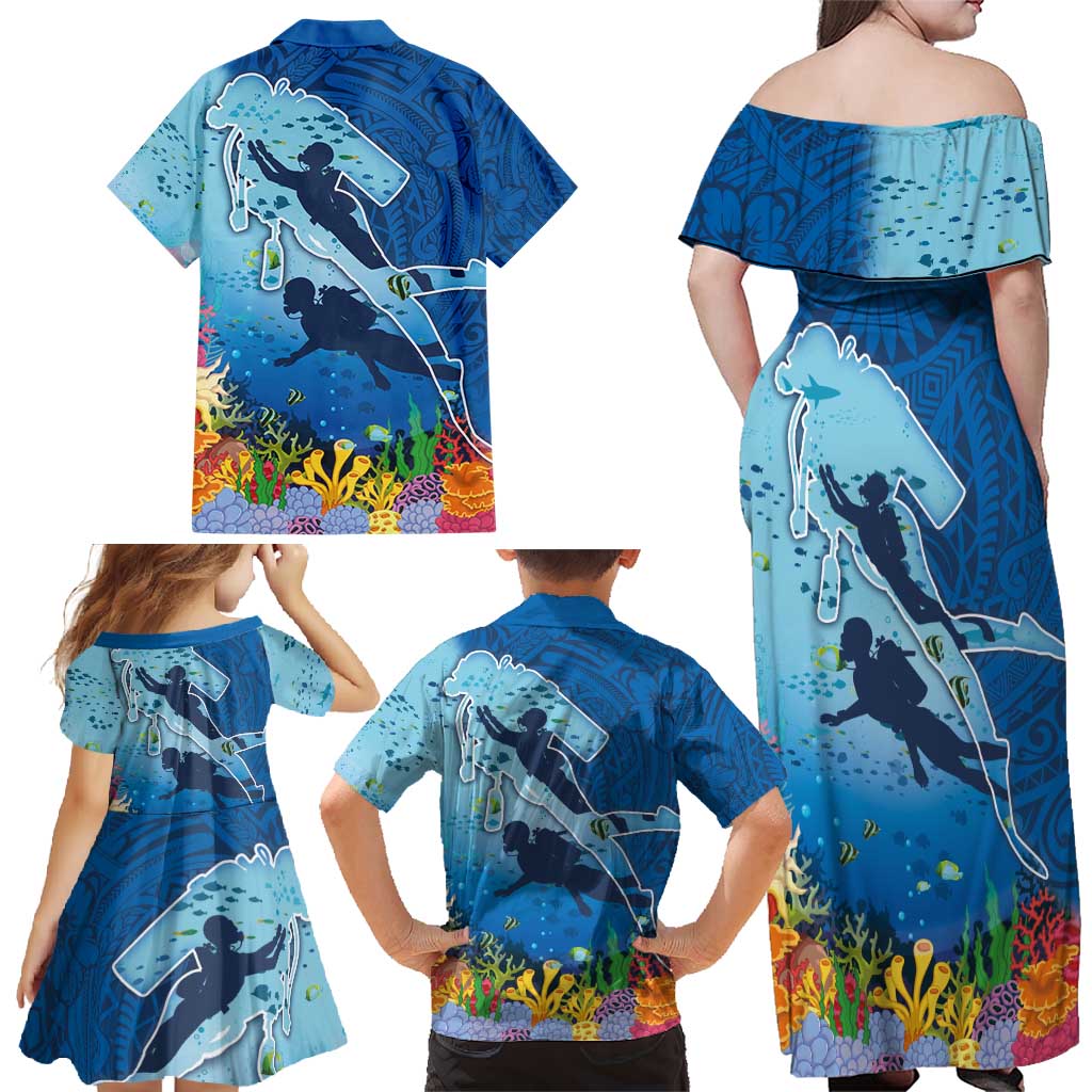 Polynesian Scuba Diving Family Matching Off Shoulder Maxi Dress and Hawaiian Shirt Beauty Corals with Underwater and Polynesian Pattern LT03 - Polynesian Pride