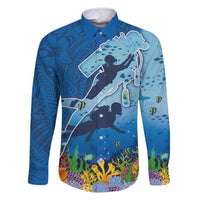Polynesian Scuba Diving Family Matching Off Shoulder Maxi Dress and Hawaiian Shirt Beauty Corals with Underwater and Polynesian Pattern LT03 Dad's Shirt - Long Sleeve Blue - Polynesian Pride