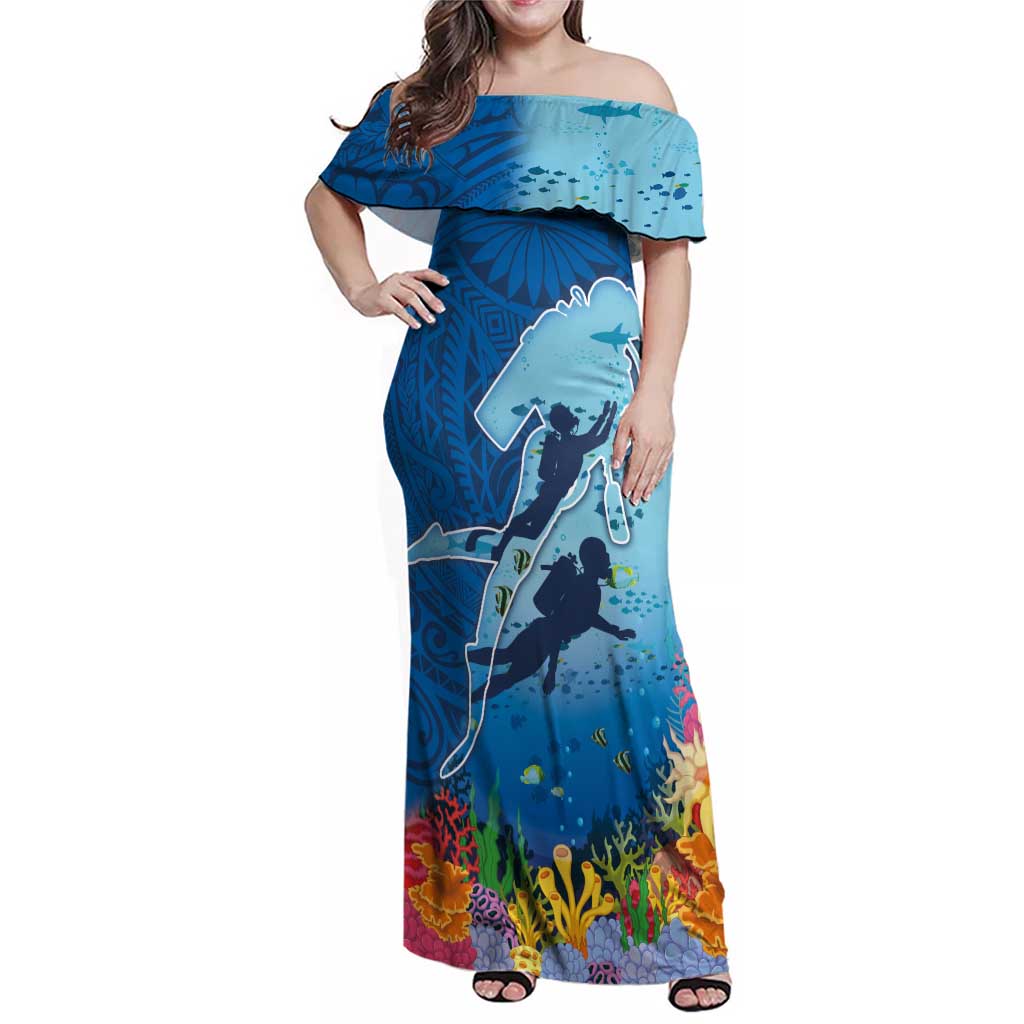 Polynesian Scuba Diving Family Matching Off Shoulder Maxi Dress and Hawaiian Shirt Beauty Corals with Underwater and Polynesian Pattern LT03 Mom's Dress Blue - Polynesian Pride