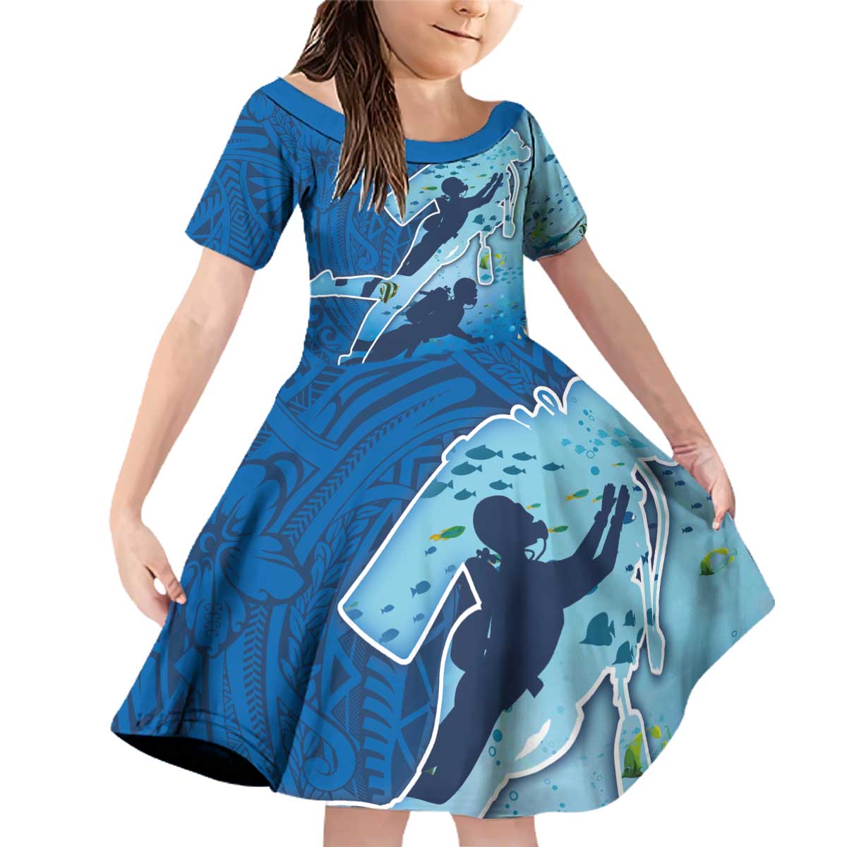 Polynesian Scuba Diving Family Matching Off Shoulder Short Dress and Hawaiian Shirt Beauty Corals with Underwater and Polynesian Pattern LT03 Daughter's Dress Blue - Polynesian Pride