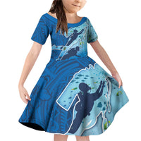 Polynesian Scuba Diving Family Matching Off Shoulder Short Dress and Hawaiian Shirt Beauty Corals with Underwater and Polynesian Pattern LT03 Daughter's Dress Blue - Polynesian Pride