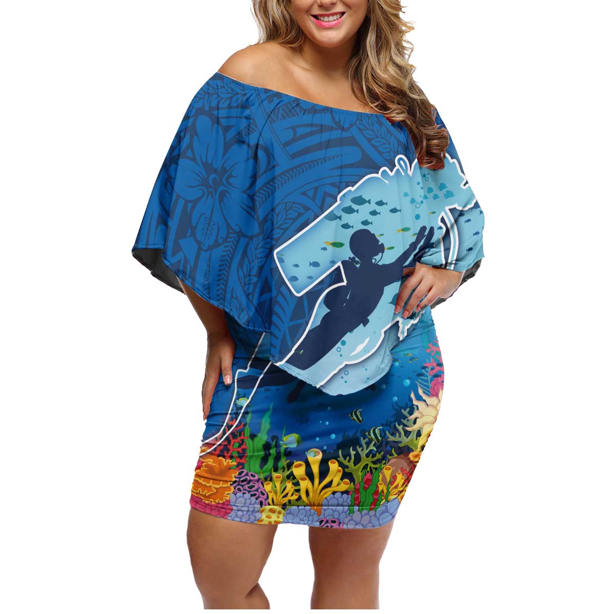 Polynesian Scuba Diving Family Matching Off Shoulder Short Dress and Hawaiian Shirt Beauty Corals with Underwater and Polynesian Pattern LT03 Mom's Dress Blue - Polynesian Pride