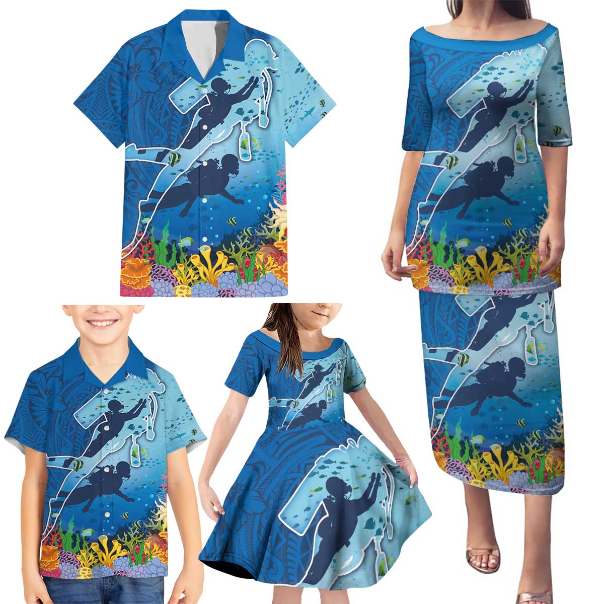 Polynesian Scuba Diving Family Matching Puletasi and Hawaiian Shirt Beauty Corals with Underwater and Polynesian Pattern LT03 - Polynesian Pride