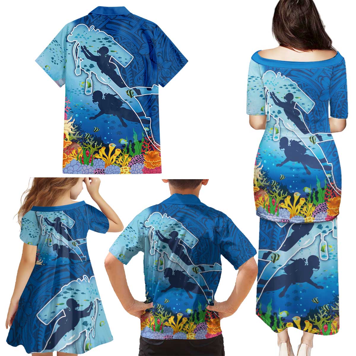 Polynesian Scuba Diving Family Matching Puletasi and Hawaiian Shirt Beauty Corals with Underwater and Polynesian Pattern LT03 - Polynesian Pride