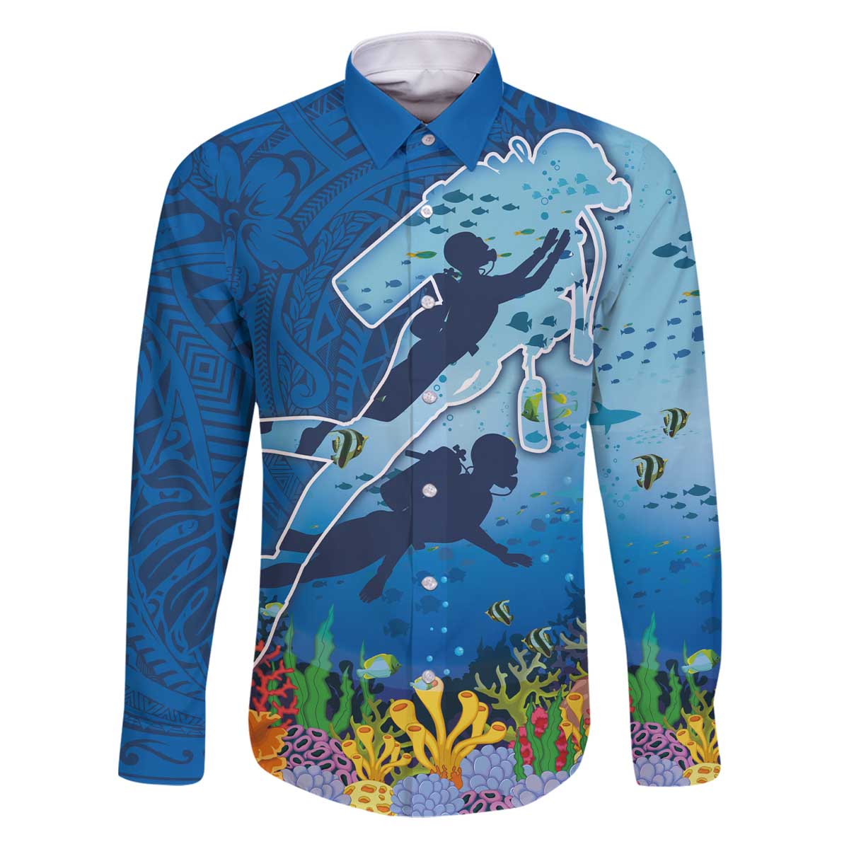 Polynesian Scuba Diving Family Matching Puletasi and Hawaiian Shirt Beauty Corals with Underwater and Polynesian Pattern LT03 Dad's Shirt - Long Sleeve Blue - Polynesian Pride