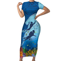 Polynesian Scuba Diving Family Matching Short Sleeve Bodycon Dress and Hawaiian Shirt Beauty Corals with Underwater and Polynesian Pattern LT03 Mom's Dress Blue - Polynesian Pride