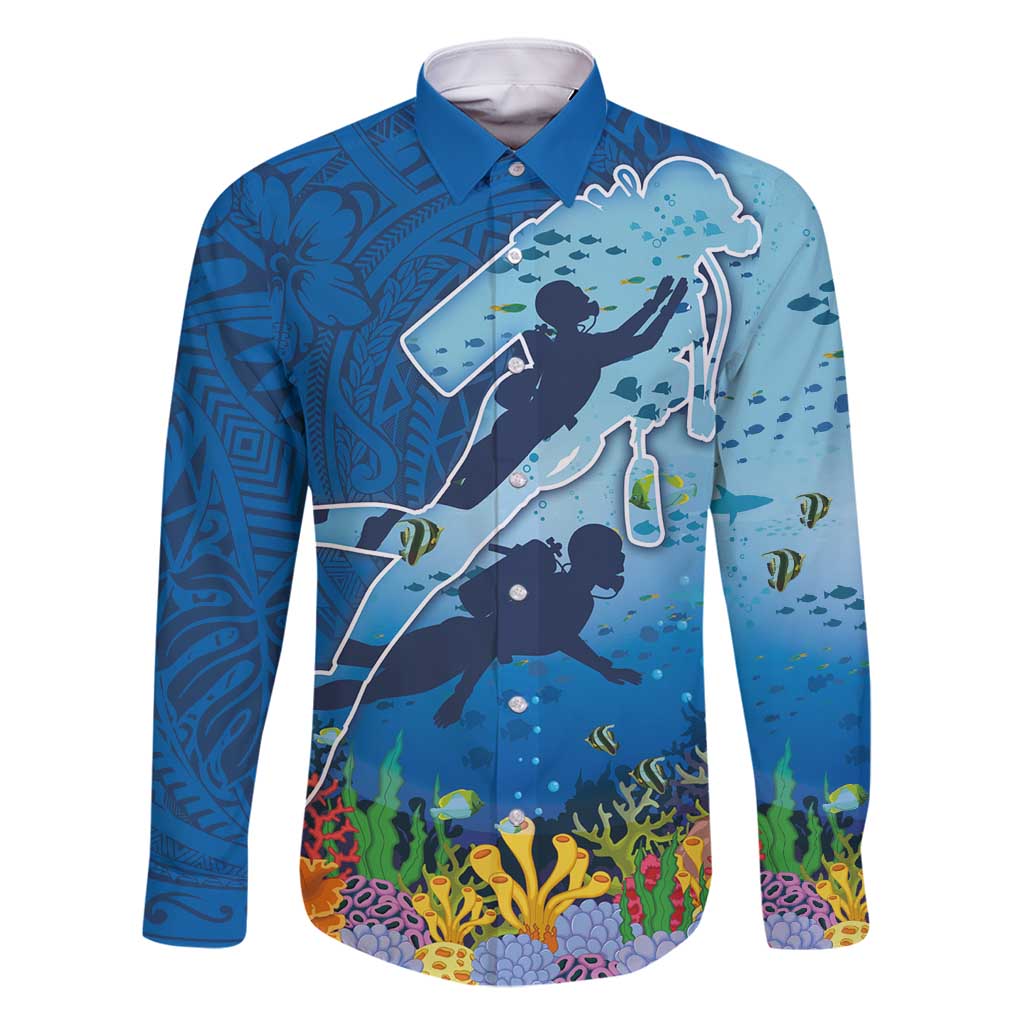 Polynesian Scuba Diving Family Matching Summer Maxi Dress and Hawaiian Shirt Beauty Corals with Underwater and Polynesian Pattern LT03 Dad's Shirt - Long Sleeve Blue - Polynesian Pride