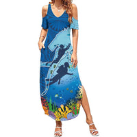 Polynesian Scuba Diving Family Matching Summer Maxi Dress and Hawaiian Shirt Beauty Corals with Underwater and Polynesian Pattern LT03 Mom's Dress Blue - Polynesian Pride