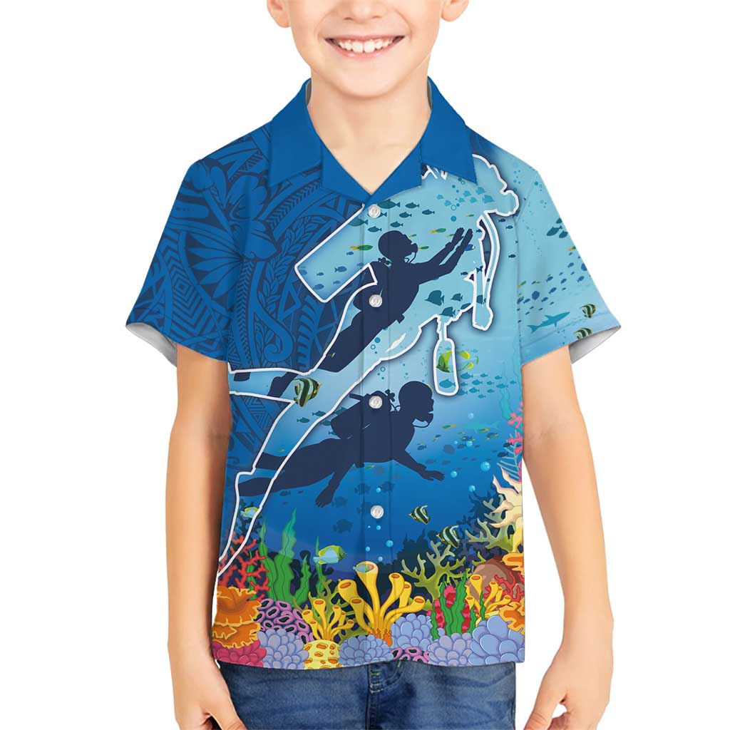 Polynesian Scuba Diving Family Matching Summer Maxi Dress and Hawaiian Shirt Beauty Corals with Underwater and Polynesian Pattern LT03 Son's Shirt Blue - Polynesian Pride