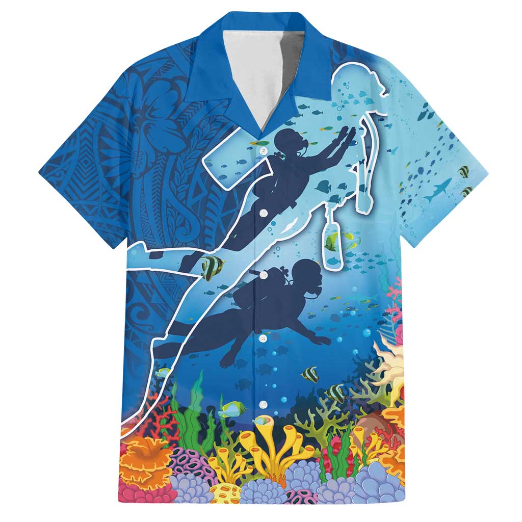 Polynesian Scuba Diving Family Matching Tank Maxi Dress and Hawaiian Shirt Beauty Corals with Underwater and Polynesian Pattern LT03 Dad's Shirt - Short Sleeve Blue - Polynesian Pride
