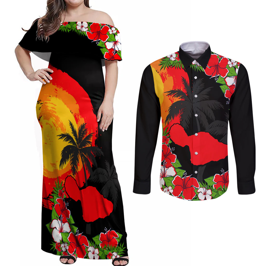 Hawaii Maui Island Couples Matching Off Shoulder Maxi Dress and Long Sleeve Button Shirts Maui Map With Tropical Forest Sunset Vibe LT03 Black - Polynesian Pride