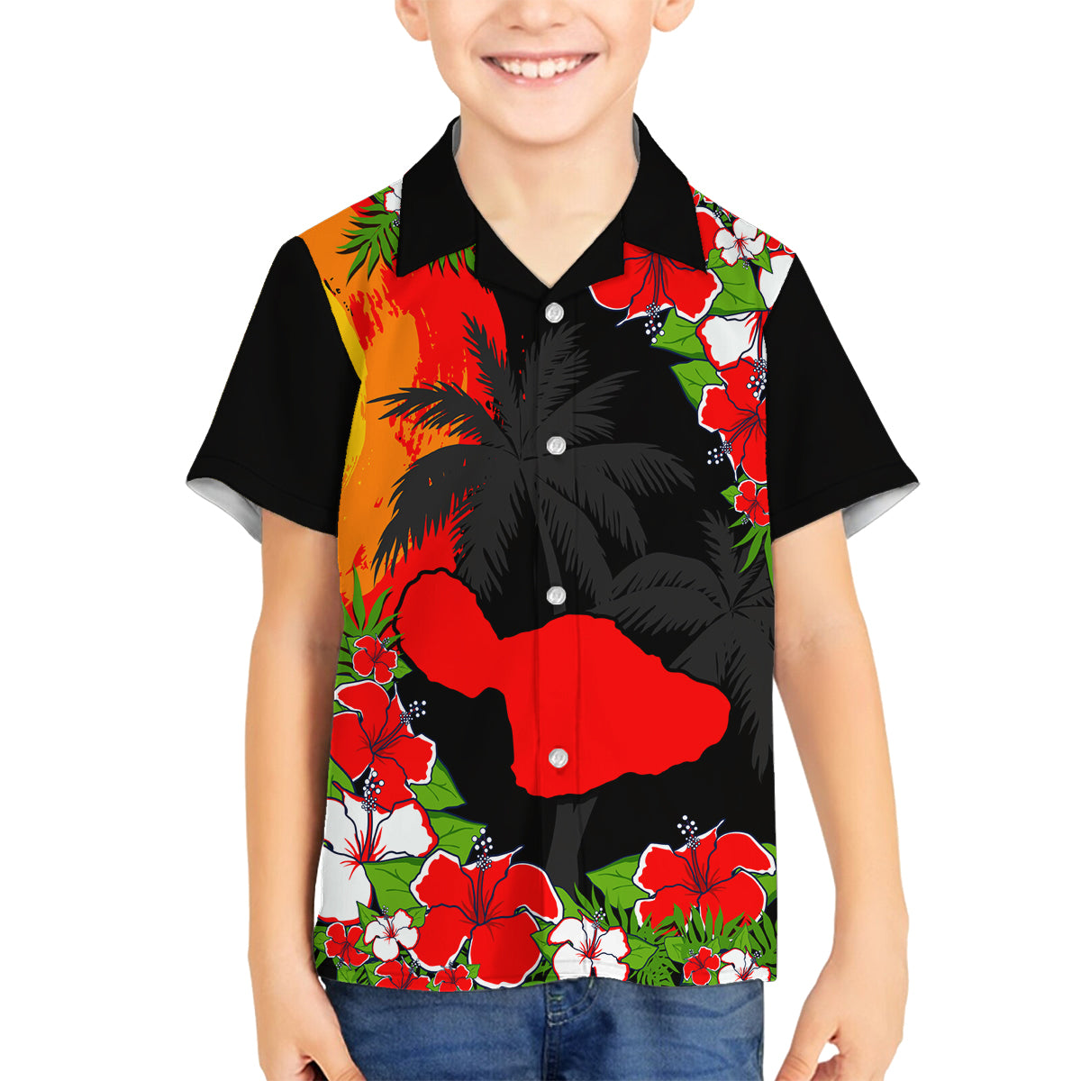 Hawaii Maui Island Family Matching Off Shoulder Maxi Dress and Hawaiian Shirt Maui Map With Tropical Forest Sunset Vibe LT03 Son's Shirt Black - Polynesian Pride