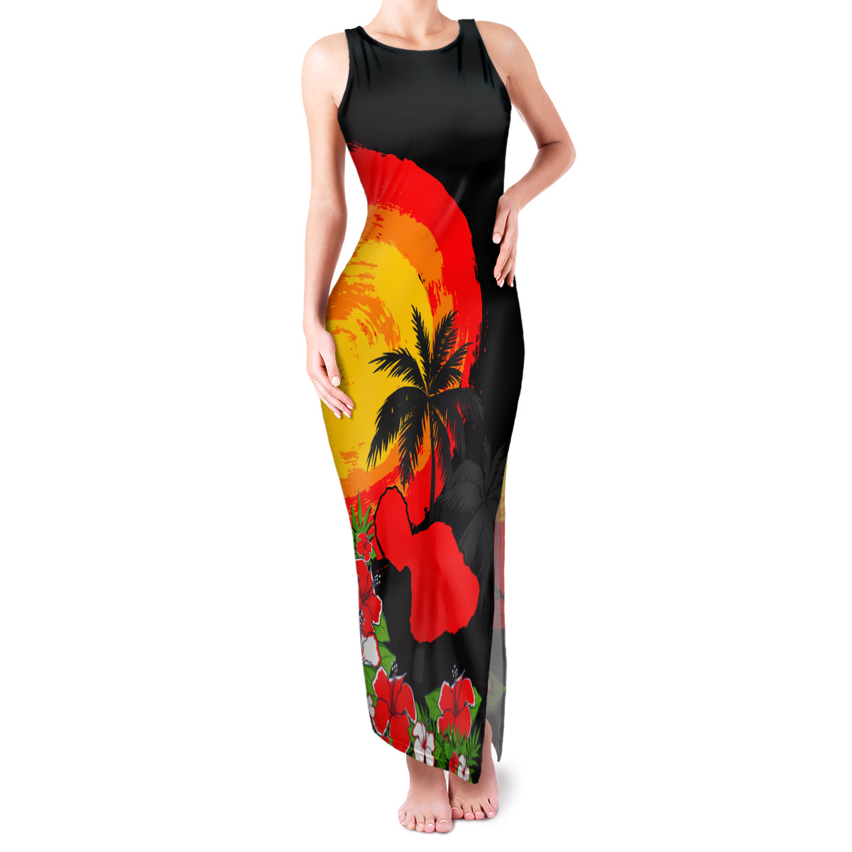 Hawaii Maui Island Family Matching Tank Maxi Dress and Hawaiian Shirt Maui Map With Tropical Forest Sunset Vibe LT03 Mom's Dress Black - Polynesian Pride
