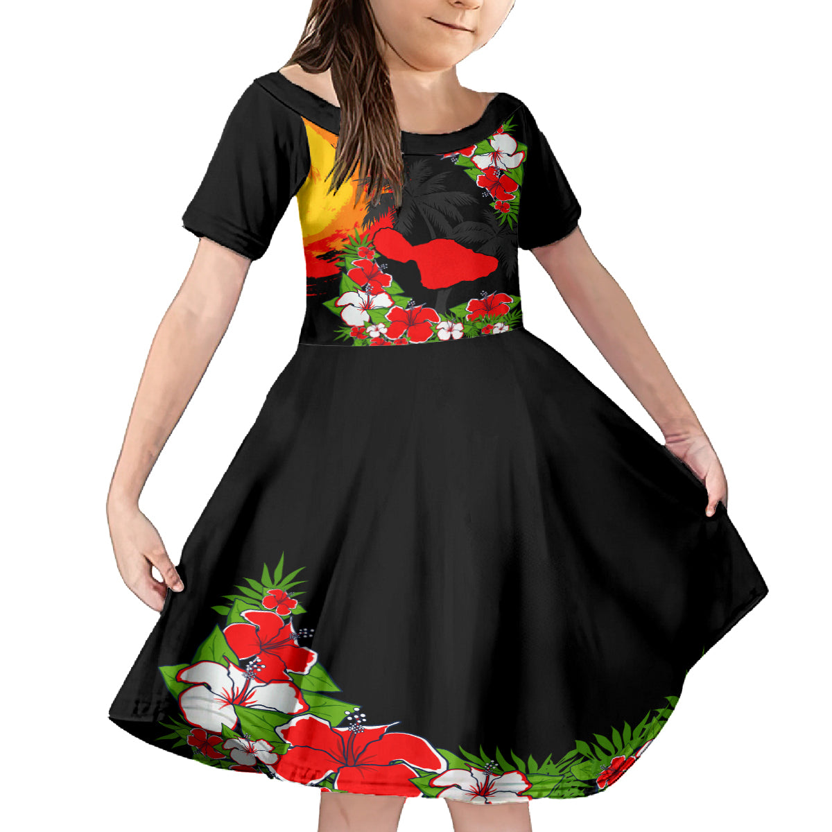 Hawaii Maui Island Kid Short Sleeve Dress Maui Map With Tropical Forest Sunset Vibe LT03 KID Black - Polynesian Pride