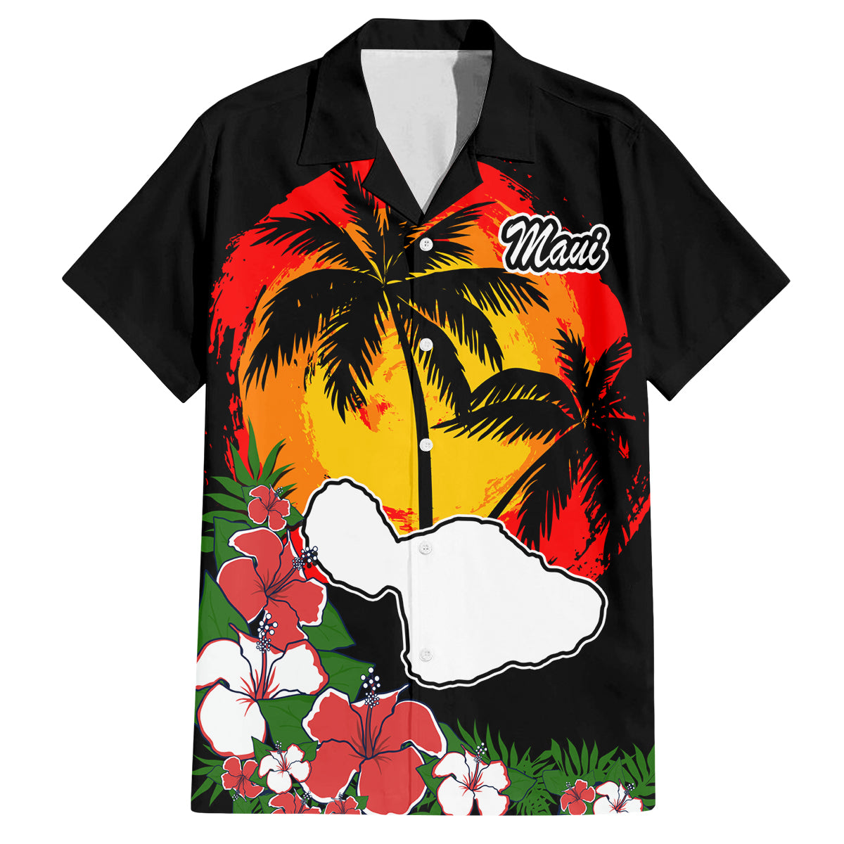 Hawaii Maui Island Family Matching Summer Maxi Dress and Hawaiian Shirt Maui Map With Tropical Forest Vintage Style LT03 Dad's Shirt - Short Sleeve Black - Polynesian Pride