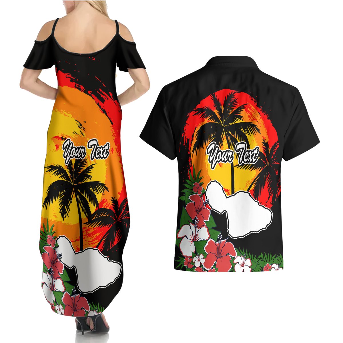 Custom Hawaii Maui Island Couples Matching Summer Maxi Dress and Hawaiian Shirt Maui Map With Tropical Forest Vintage Style LT03 - Polynesian Pride