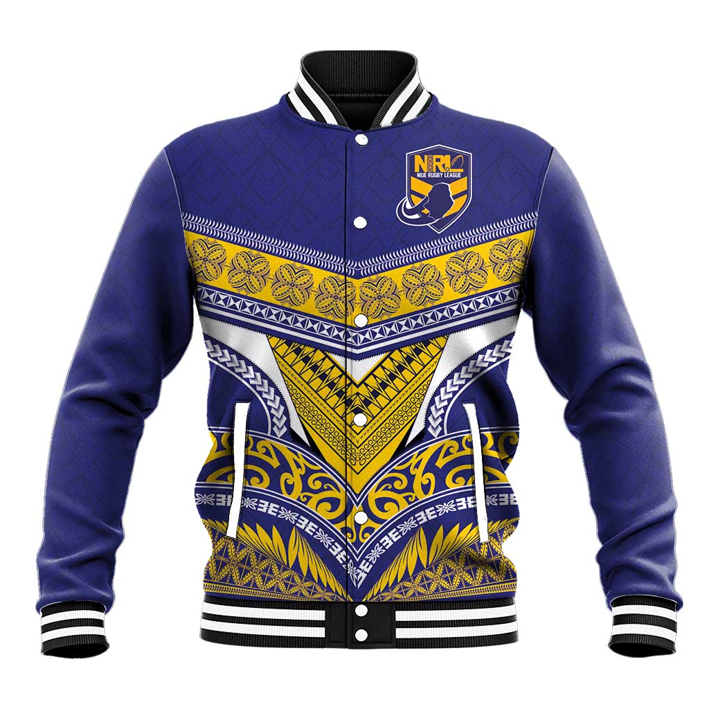 Custom Rugby Niue Baseball Jacket Hiapo Tribal Heritage Tattoos Blue Color - Polynesian Pride