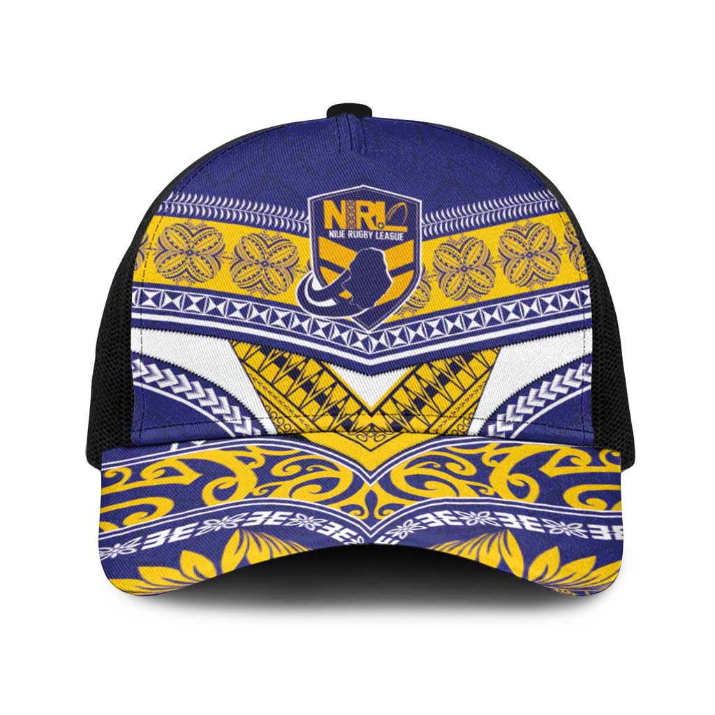 Niue Rugby Baseball Net Cap Hiapo Tribal Heritage Tattoos Blue Color - Polynesian Pride
