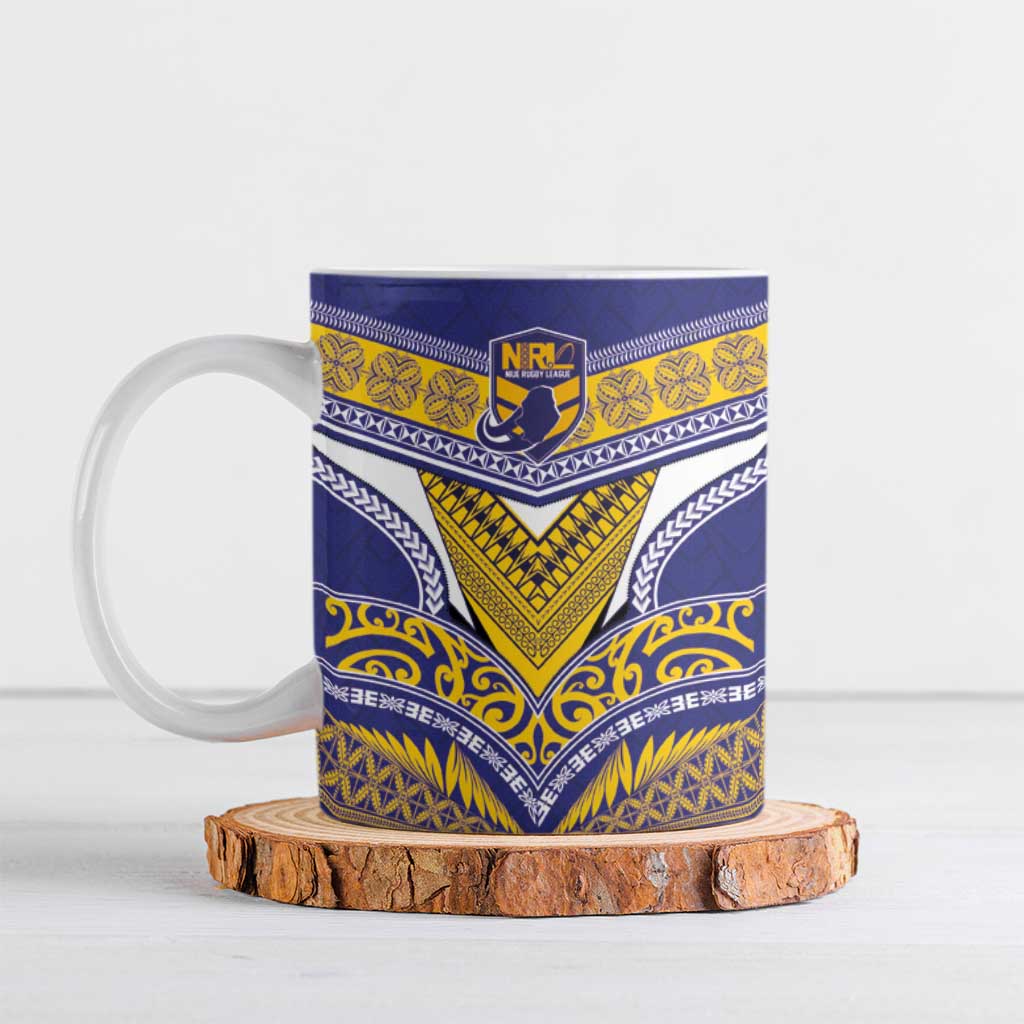 Custom Rugby Niue Ceramic Mug Hiapo Tribal Heritage Tattoos Blue Color - Polynesian Pride