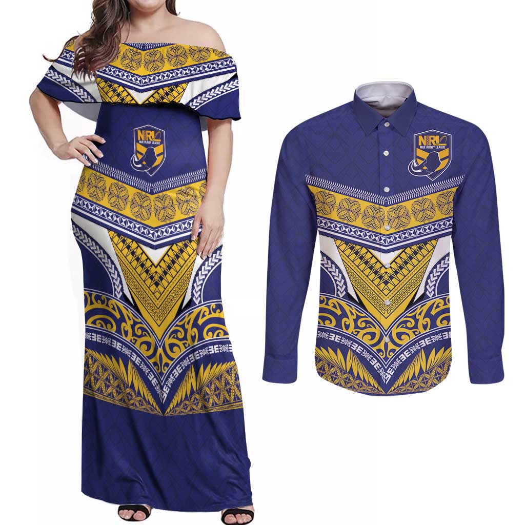 Custom Rugby Niue Couples Matching Off Shoulder Maxi Dress and Long Sleeve Button Shirt Hiapo Tribal Heritage Tattoos Blue Color - Polynesian Pride