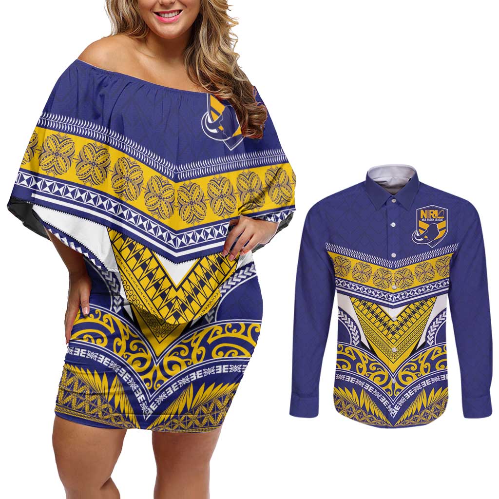 Custom Rugby Niue Couples Matching Off Shoulder Short Dress and Long Sleeve Button Shirt Hiapo Tribal Heritage Tattoos Blue Color - Polynesian Pride