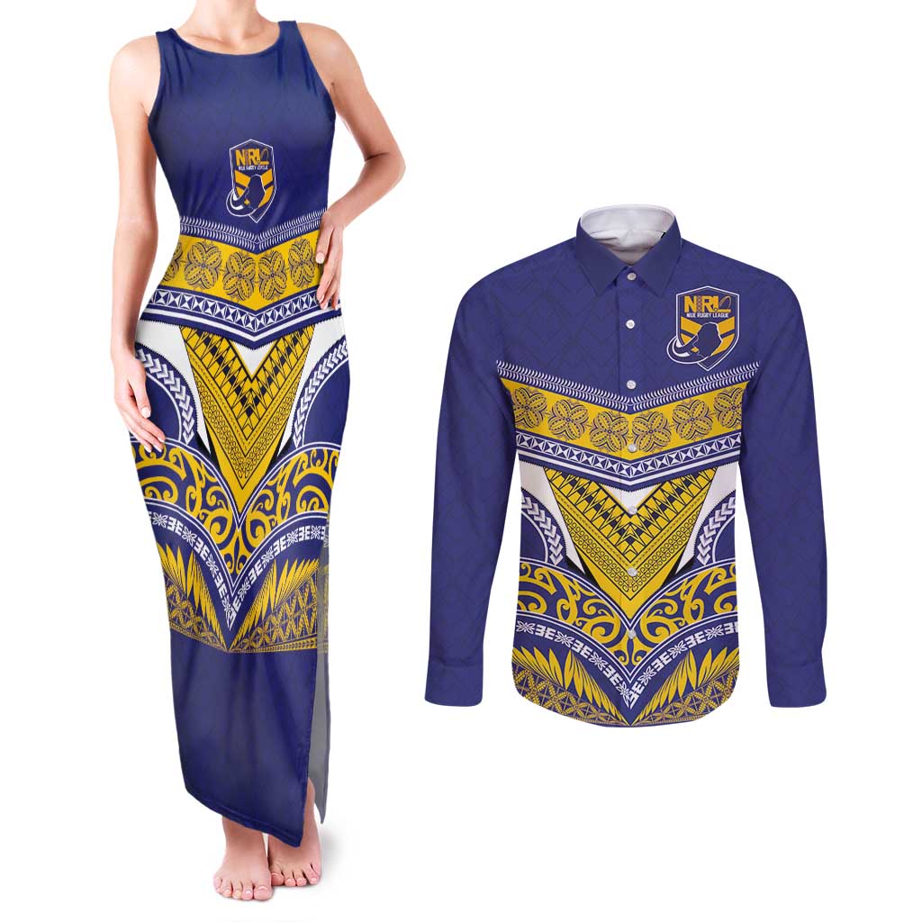Custom Rugby Niue Couples Matching Tank Maxi Dress and Long Sleeve Button Shirt Hiapo Tribal Heritage Tattoos Blue Color - Polynesian Pride