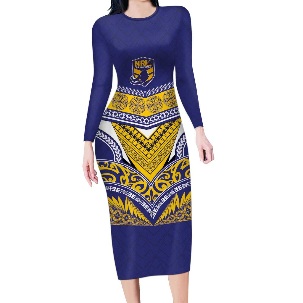 Custom Rugby Niue Long Sleeve Bodycon Dress Hiapo Tribal Heritage Tattoos Blue Color - Polynesian Pride