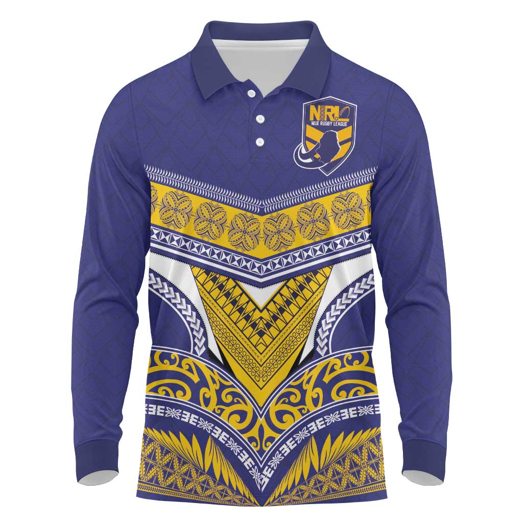 Custom Rugby Niue Long Sleeve Polo Shirt Hiapo Tribal Heritage Tattoos Blue Color - Polynesian Pride