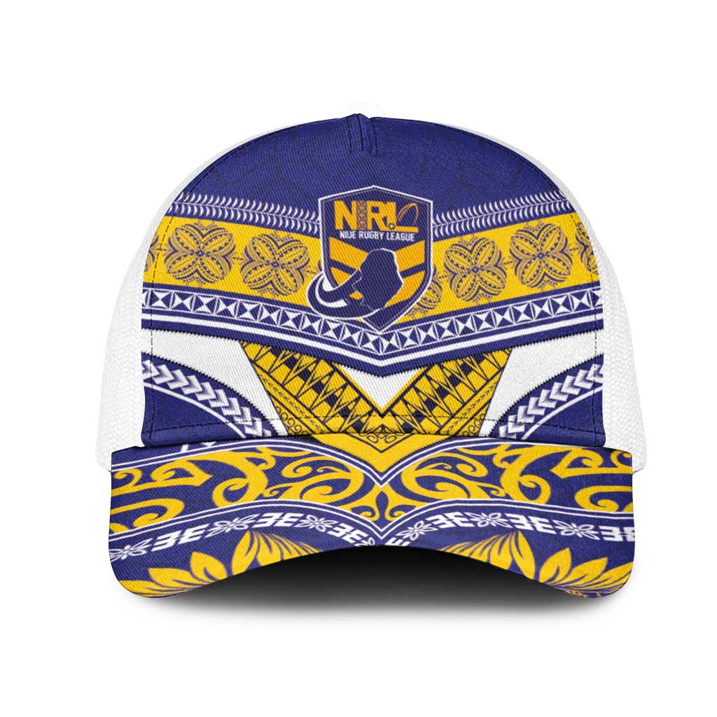 Niue Rugby Mesh Trucker Cap Hiapo Tribal Heritage Tattoos Blue Color - Polynesian Pride