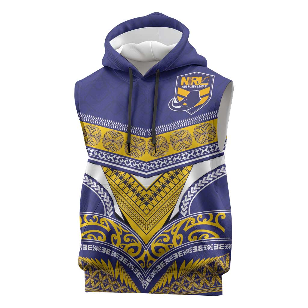 Custom Rugby Niue Sleeveless Hoodie Hiapo Tribal Heritage Tattoos Blue Color - Polynesian Pride