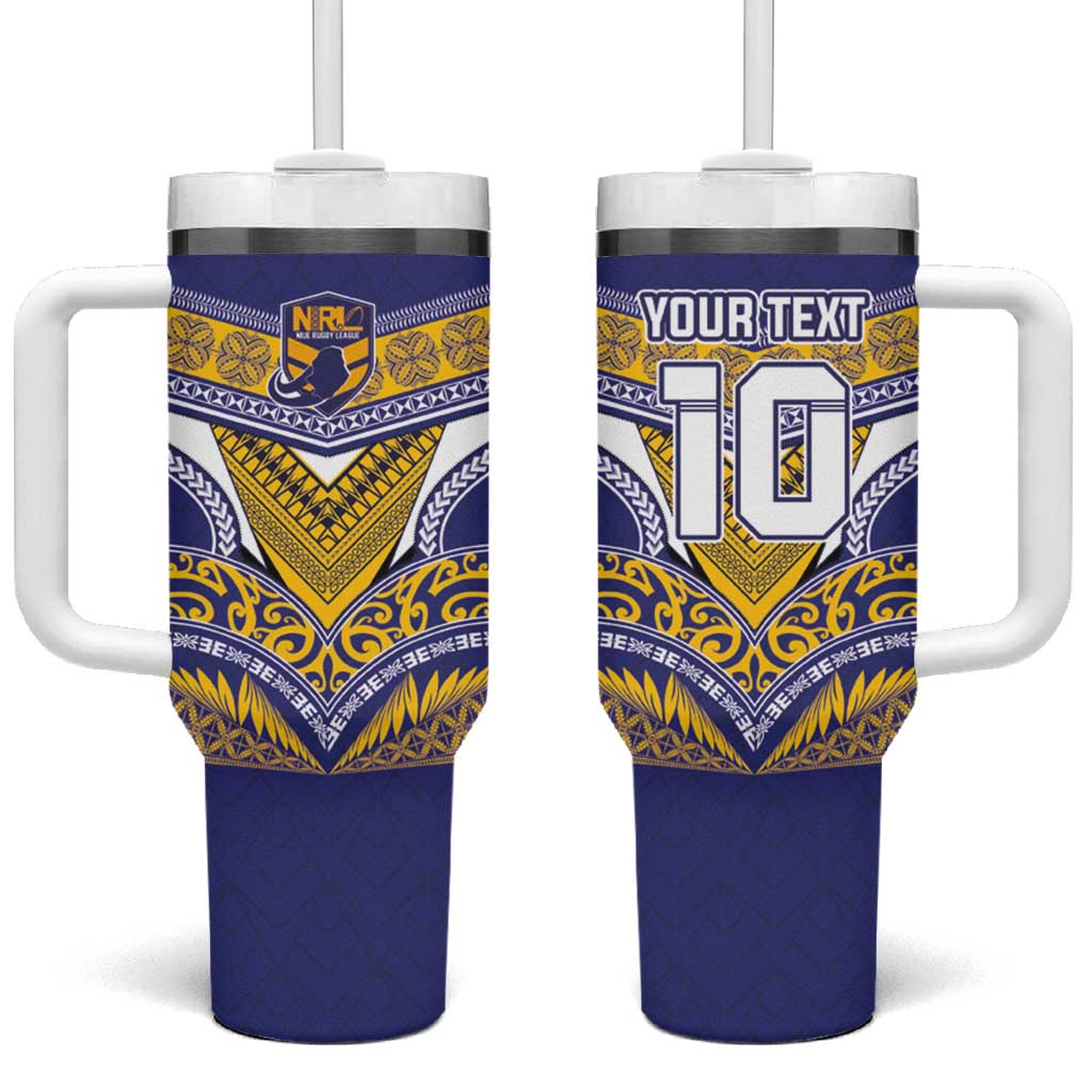Custom Rugby Niue Tumbler With Handle Hiapo Tribal Heritage Tattoos Blue Color - Polynesian Pride
