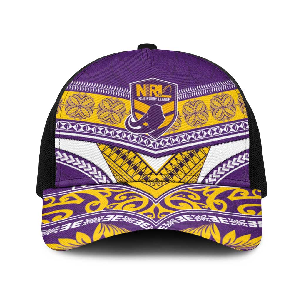 Niue Rugby Baseball Net Cap Hiapo Tribal Heritage Tattoos Purple Color - Polynesian Pride