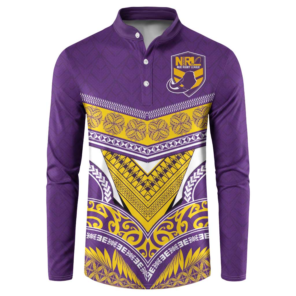 Custom Rugby Niue Button Sweatshirt Hiapo Tribal Heritage Tattoos Purple Color - Polynesian Pride